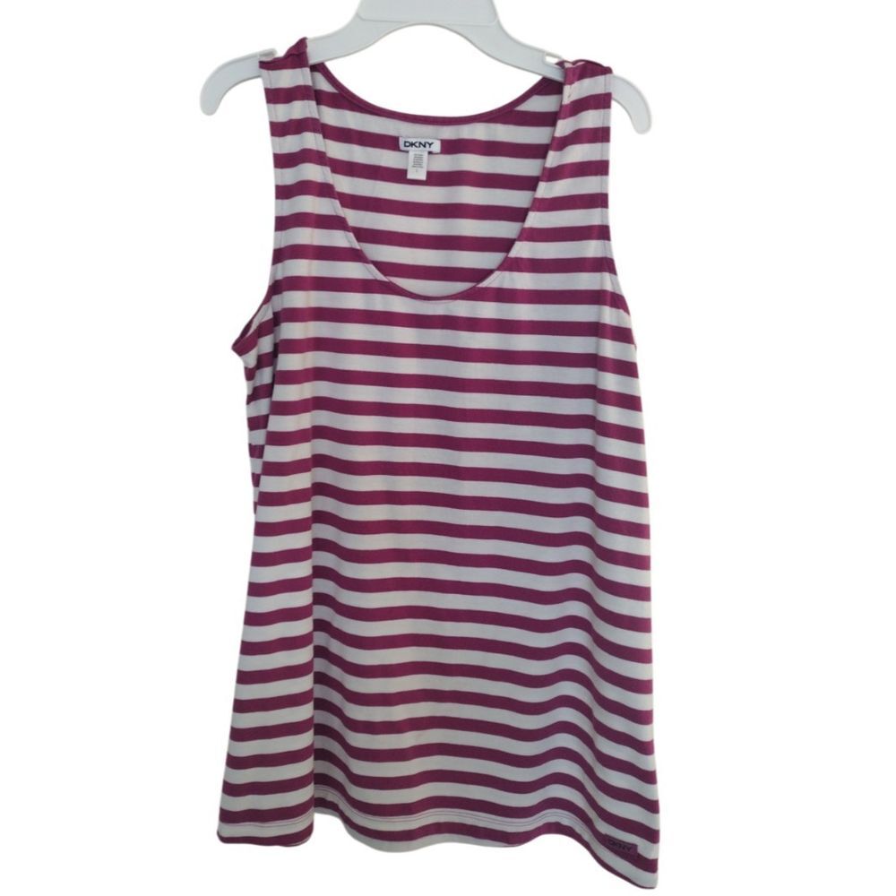 DKNY Tank Top Women Large Burgundy White Striped Sleeveless Tunic Casual Travel